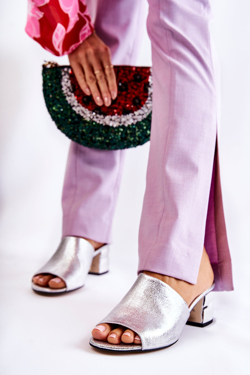 Kožené Dámské Pantofle Na Podpatku stříbrne Perry