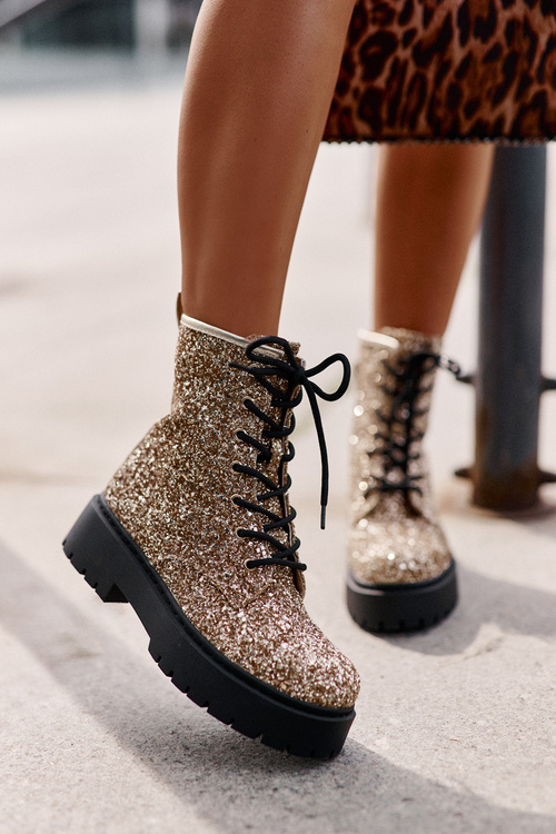 Zateplené dámske pracovné topánky zdobené flitrami zlaté Liatheine