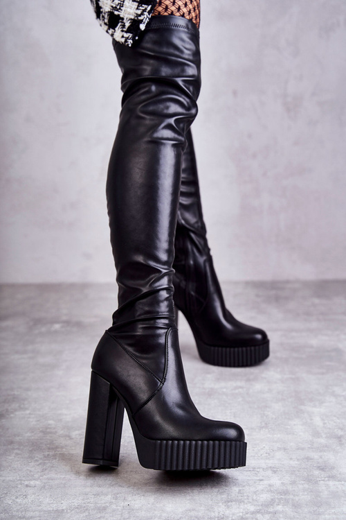 Kožené vysoké topánky na čiernej platforme Katrina