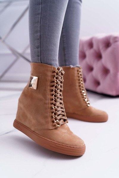 Ženské tenisky lu boo zlaté reťazce semišové camel Monica