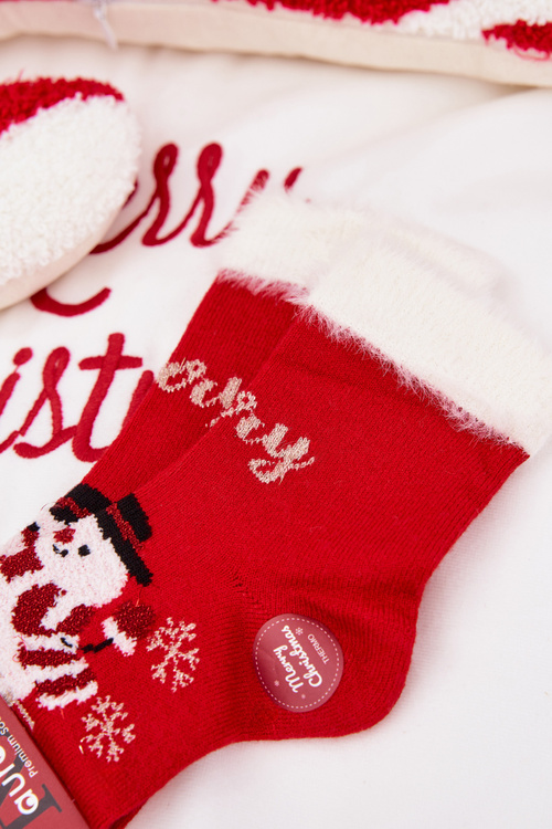 Detské vianočné ponožky s kožušinkou a snehuliakom vlna alpakas červené