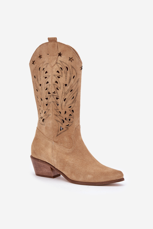 Semišové kozačky s perforovaným svrškem Béžové Zazoo 3714