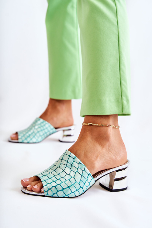 Krokodíl dámske kožené papuče s svetlo zelenými perry