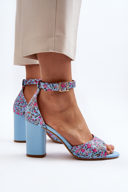 Sandály Na Podpatku S Kytkami Modré Vitamella