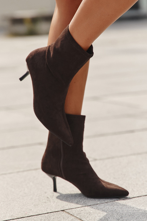 Zateplené dámské kozačky na jehlovém podpatku eco semiš hnědé Belisse