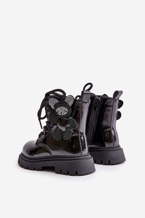 Zateplené dívčí botky s medvídkem na zip lakované černé Relobia