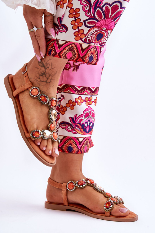 Suede Ploché Sandály S Kameny oranžové Dallas