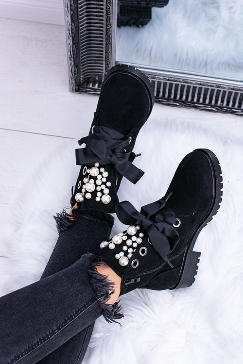 Semišové Zateplené Čižmy S Perlami A Stuhou Čierne Perla