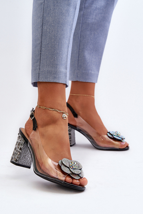 Priehľadné sandále na opätku s ozdobami S.Barski MR38-356 Čierne