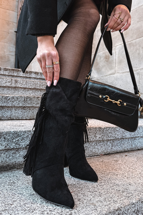 Darlina dámské boty na podpatku s třásněmi a mačkáním zateplené černé