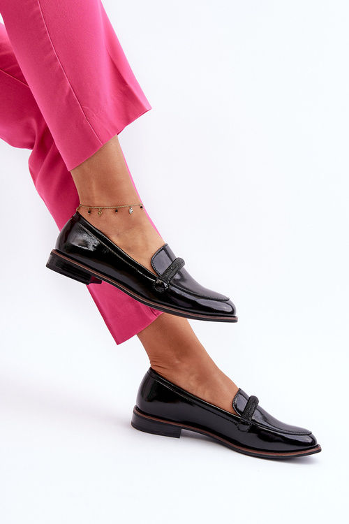 Dámské lakované kožené mokasíny s ozdobným páskem Černé Saosin