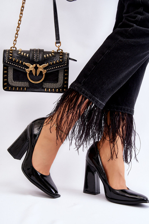 Módní lakované lodičky na podpatku Černé Mysterious