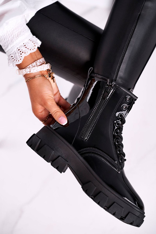 Dámské Kotníkové Ploché Boty Lakované Cerné Linzo