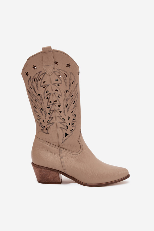 Kožené Kozačky S Vzorkovaným Svrškem Tmavě Béžové Zazoo 3714