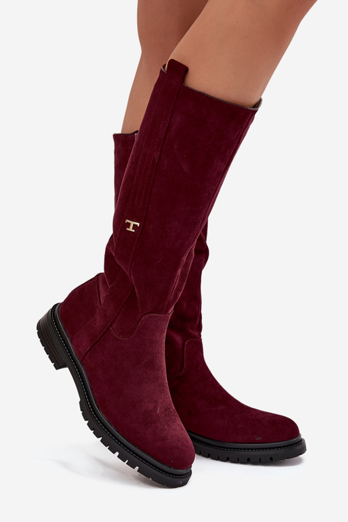 Dámske zateplené čižmy na plochom podpätku Eco semiš Bordó Delyssa