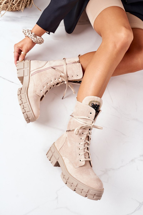 Semišové Teplé Workery S Ozdobnými Kameny Béžové Hadley