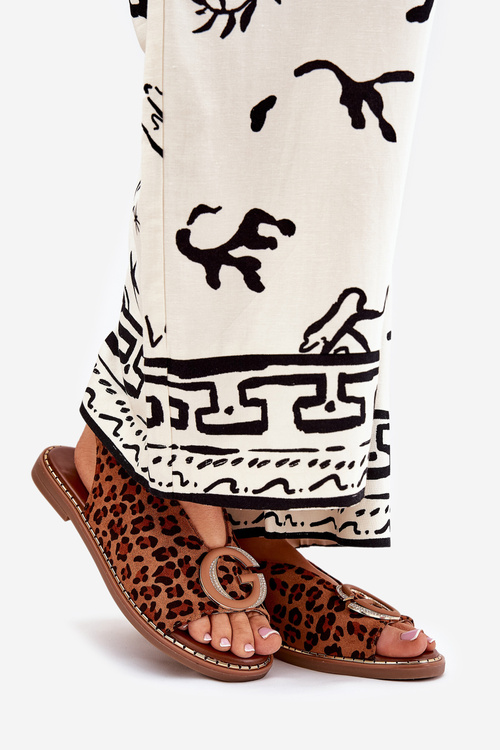 Ploché Sandále S Dekoráciou Leopard Hnedé Haliones