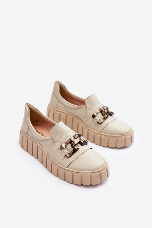 Dámske kožené topánky na platforme s dekoráciou Beige Lewski 3398