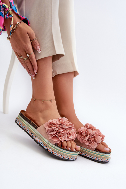 Dámské platformové sandály zdobené květy růžové Nodina
