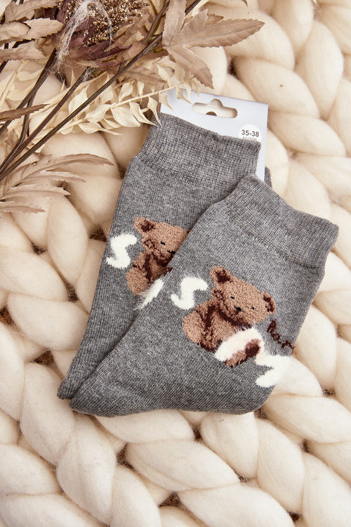 Teplé Bavlnené Ponožky S Medveďom Tmavosivé