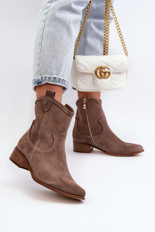 Zazoo 3329 Semišové čižmy kovbojky na nízkom opätku tmavobežové