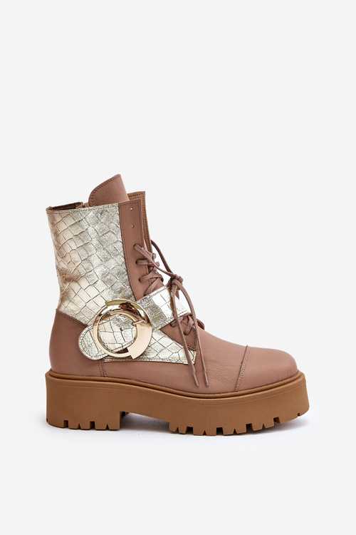 Zazoo 2942 Kožené Boty Worker Se Zlatým Sponou Béžové
