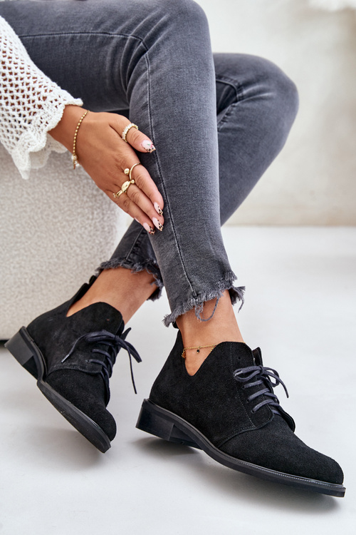 Zazoo 2959 Semišové Polobotky Oxford Krajkové Na Plochéj Päte Čierne