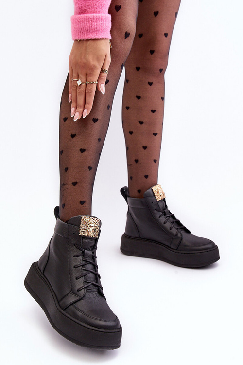 Dámské šněrovací boty s koženou ozdobou černé Nicole 2833