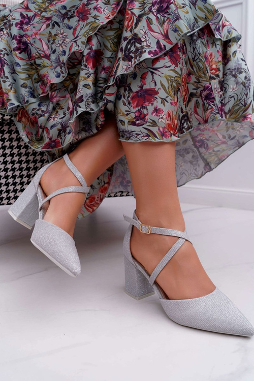Dámské Lodičky na Podpatku s Brokátem Stříbrné Perset