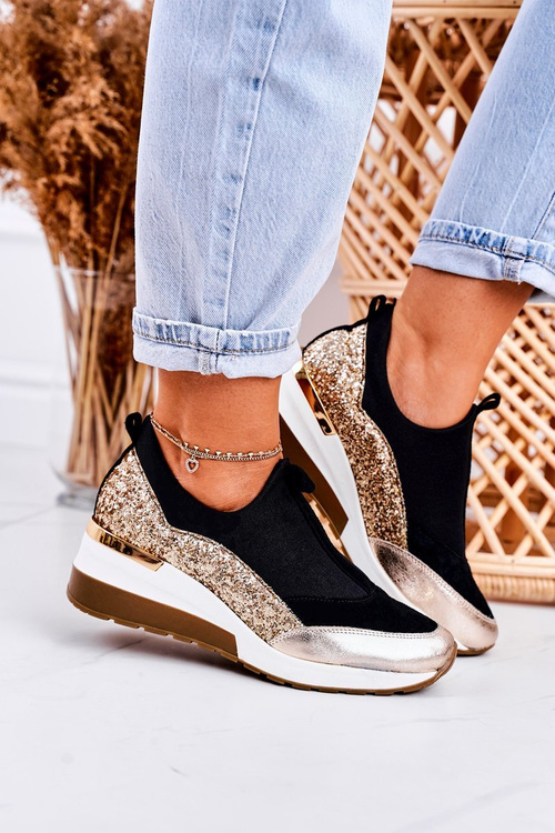 Dámské Klínové Kožené Boty Sneakersy Černé Zlaté Frances