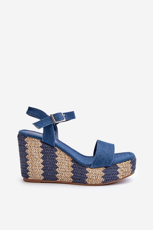 Dámské džínové sandály na klínku s proužkem modré Reviala