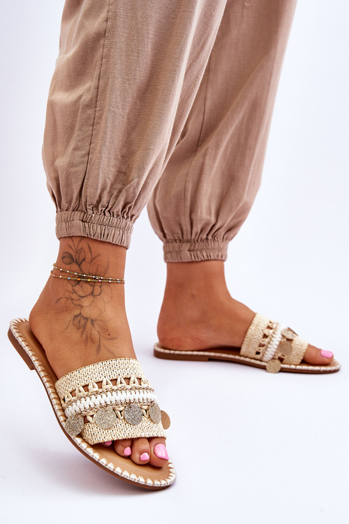 Dámské pletené zdobené pantofle Béžové Millano