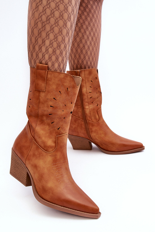 Kůže Cowboy Boty Na Nízkém Podpatku Camel Ursuline