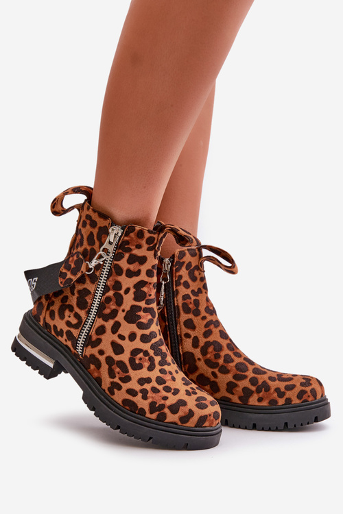 Zateplené dámské boty se zipem leopardí hnědé Calvaro
