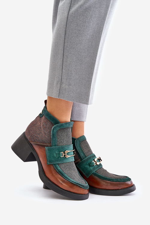 Kožené dámské kotníkové boty na masivním podpatku s ozdobou Maciejka A6747-29 hnědo-zelené