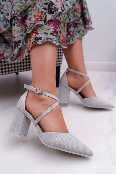 Dámské Lodičky na Podpatku s Brokátem Stříbrné Perset