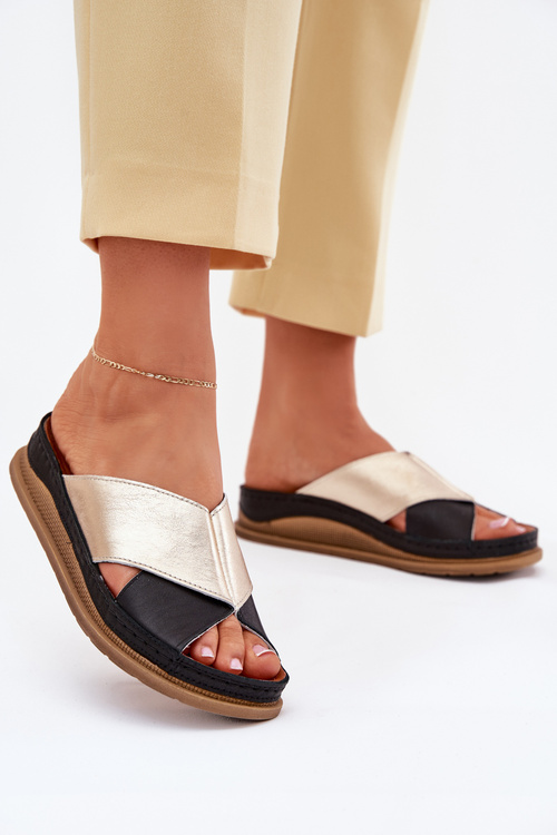 Dámske Kožené Sandále Na Platforme Maciejka L4986-25 Zlaté-Čierne