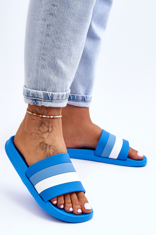 Dámske modré pruhované papuče videnie