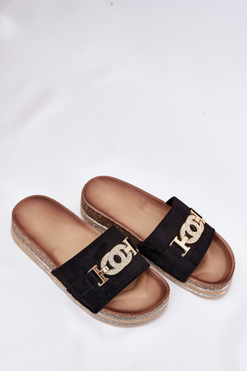 Dámské Pantofle Se Zlatým Detailem Na Platformě S Leskem Černé Eanes