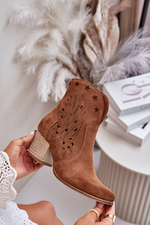 Děrované Kotníkové Boty Kožené Na Podpatku Hnědé Lewski 3613