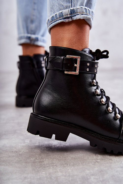 kožené boty s ozdobným páskem Černé Sabine