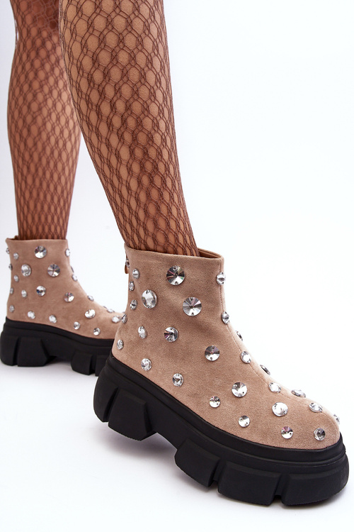 Kožené Oteplené Botky Se Krystaly D&A MR870-83 Béžové