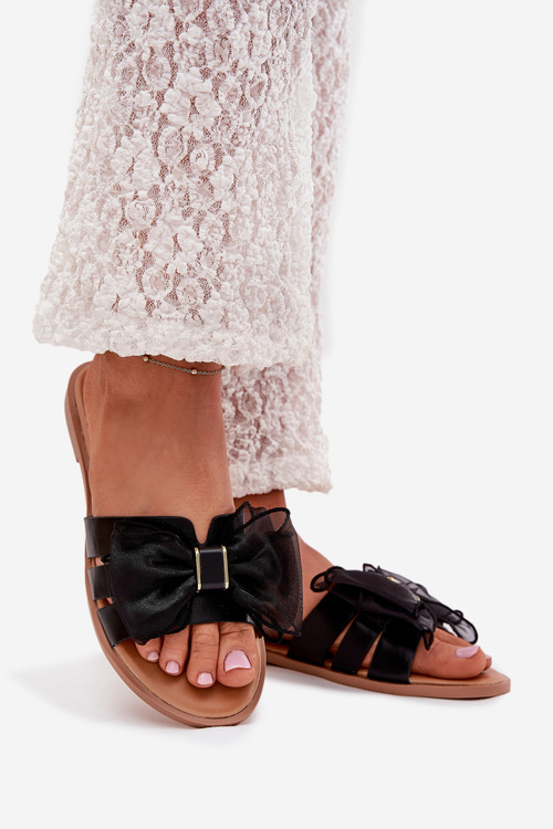 Dámske Sandále Na Plochom Opätku S Tylovou Mašľou Čierne Tanira