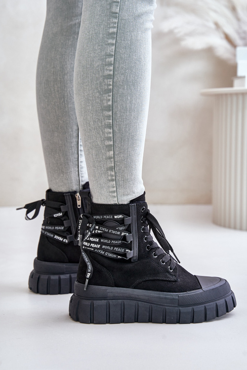 Dámske Platformové Čižmy S Dekoratívnym Šnurovaním Čierne Edidda