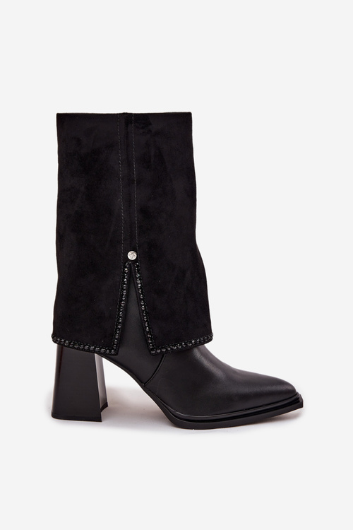 Kožené dámske členkové topánky na podpätku s preklopenou špičkou vyhrievané Maciejka K7206-01 Čierne