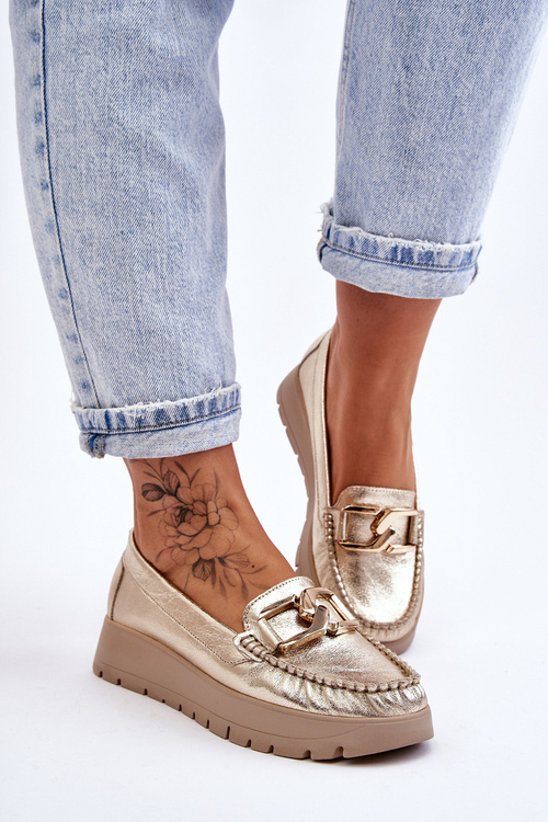 Zazoo 10141 Kožené Mokasíny na Platformě s Ozdobou Zlaté