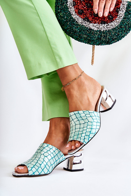 Krokodíl dámske kožené papuče s svetlo zelenými perry