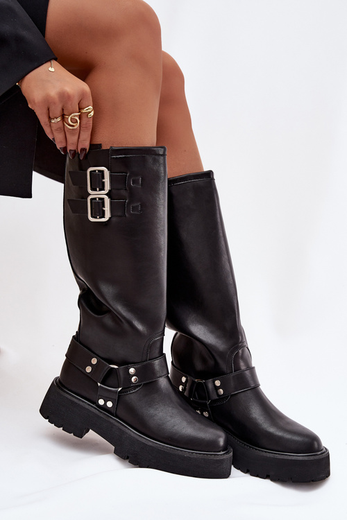 Kožené dámské kozačky s přezkami zateplené Big Star OO274A180 černé