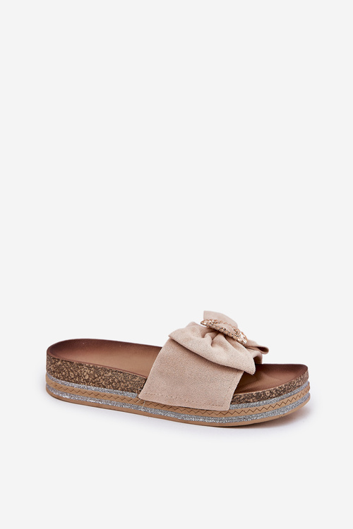 Dámské Sandały Na Platformě S Mašlí A Ozdobnou Broží Béžové Lenela