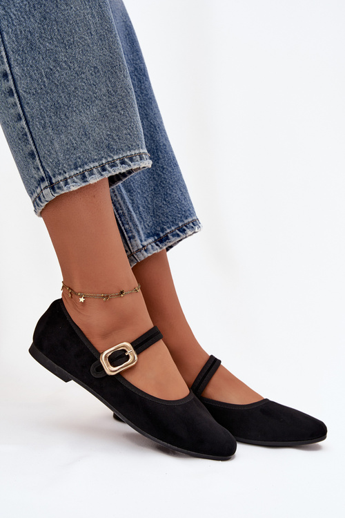 Baleríny s páskem a zlatým sponou Eko semišové Černé Adelora